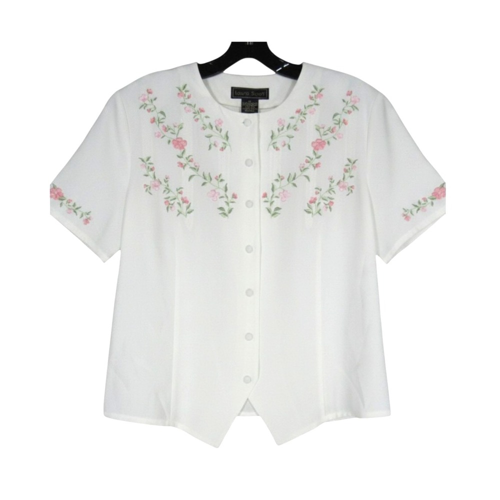 LAURA SCOTT White SATIN Button-Up FLORAL EMBROIDERED Dressy Blouse/Shirt/Top 16